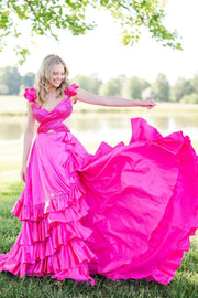 Fuchsia Sexy V-Neck A-Line Backless Ruffles Prom Dresses with Slit