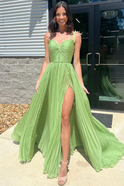 Sage Spaghetti Straps A-Line Pleated Long Formal Dresses with Slit