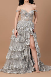 Silver Sequined V-Neck A-Line Layered Tulle Long Formal Dresses