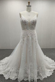 White Backless Sleeveless V-Neck A-Line Lace Tulle Wedding Dresses with Appliques