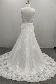 White Backless Sleeveless V-Neck A-Line Lace Tulle Wedding Dresses with Appliques