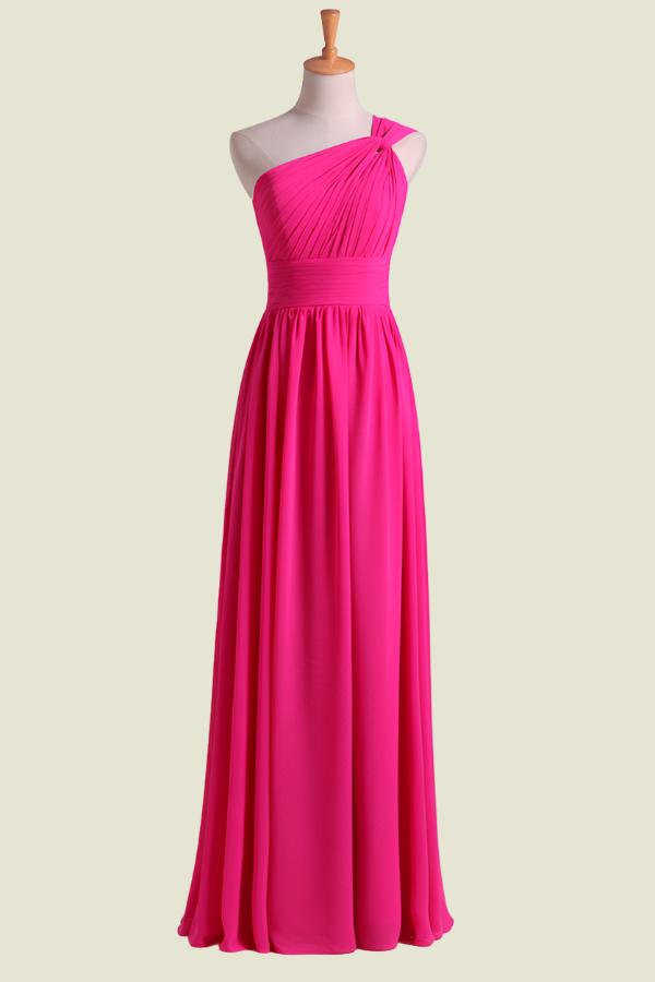 Fuchsia One-Shoulder Sleeveless A-Line Floor-Length Chiffon Bridesmaid Dresses with Ruffles