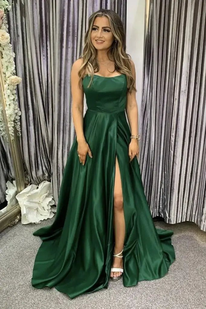 Dark Green Long A-Line Satin Formal Prom Dresses with Slit