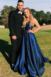 Dark Navy Long V-Neck Satin A-Line Formal Dresses