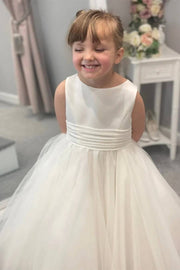 Ankle-Length A-Line Tulle Jewel Neck Flower Girl Dresses with Sash