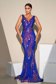 Sweep Train V-Neck Sleeveless Mermaid Sequin Prom Evening Dresses