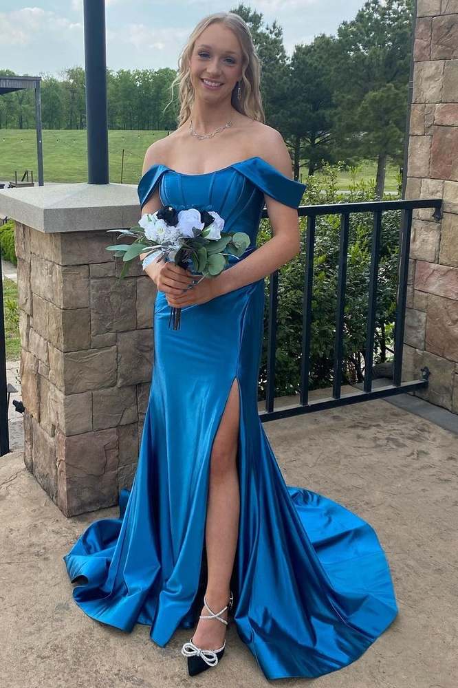 Blue Court Train Off-The Shoulder Mermaid Satin Formal Dresses with Slit