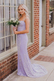 Lilac Mermaid Square Neck Lace Sleeveless Party Dresses