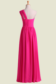 Fuchsia One-Shoulder Sleeveless A-Line Floor-Length Chiffon Bridesmaid Dresses with Ruffles