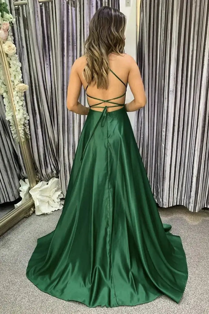 Dark Green Long A-Line Satin Formal Prom Dresses with Slit