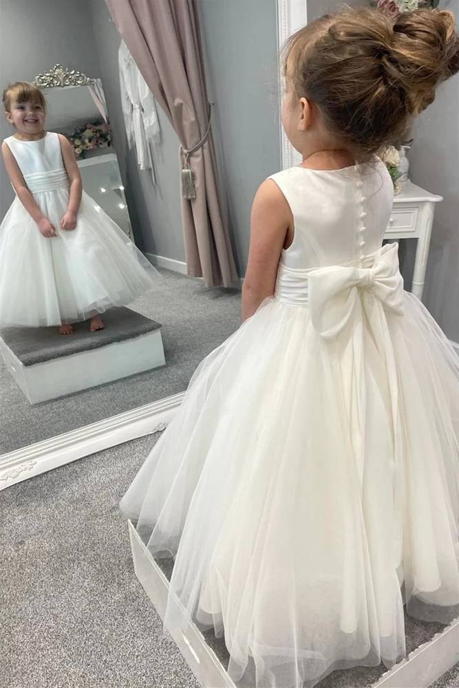 Ankle-Length A-Line Tulle Jewel Neck Flower Girl Dresses with Sash