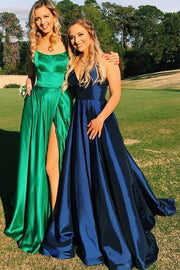 Dark Navy Long V-Neck Satin A-Line Formal Dresses