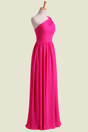 Fuchsia One-Shoulder Sleeveless A-Line Floor-Length Chiffon Bridesmaid Dresses with Ruffles