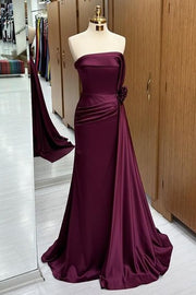 Deluxe Sweep Train Strapless Sleeveless Mermaid Satin Prom Dresses with Ruffles