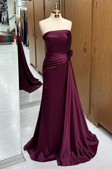 Deluxe Sweep Train Strapless Sleeveless Mermaid Satin Prom Dresses with Ruffles