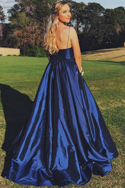 Dark Navy Long V-Neck Satin A-Line Formal Dresses