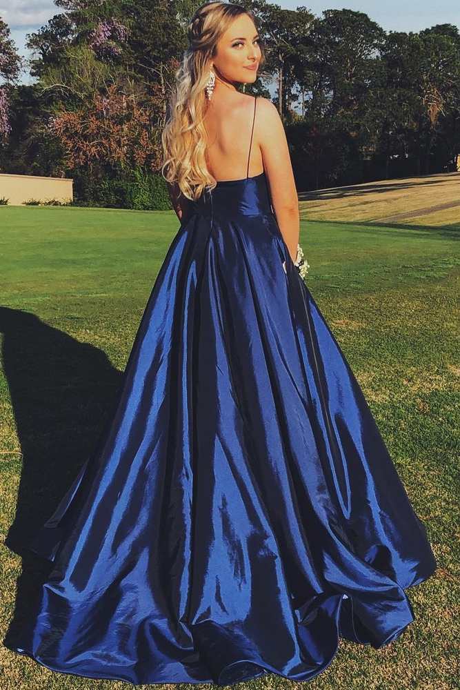 Dark Navy Long V-Neck Satin A-Line Formal Dresses