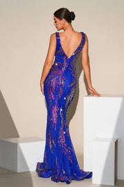 Sweep Train V-Neck Sleeveless Mermaid Sequin Prom Evening Dresses