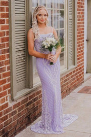 Lilac Mermaid Square Neck Lace Sleeveless Party Dresses