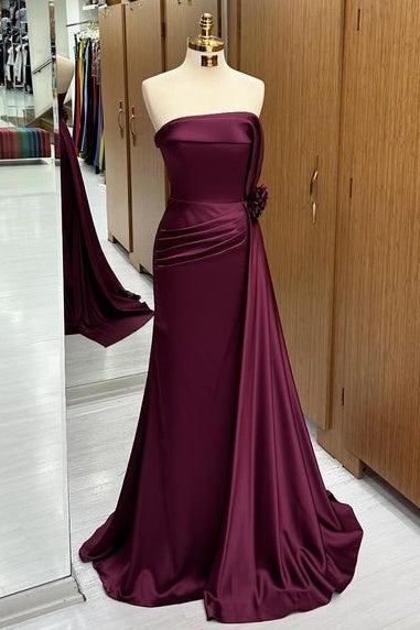 Deluxe Sweep Train Strapless Sleeveless Mermaid Satin Prom Dresses with Ruffles