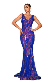 Sweep Train V-Neck Sleeveless Mermaid Sequin Prom Evening Dresses