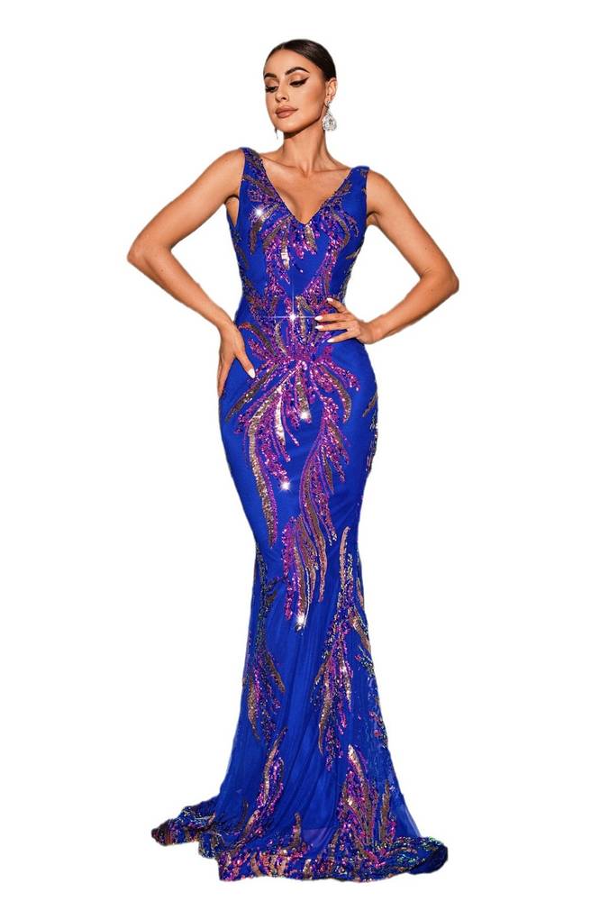 Sweep Train V-Neck Sleeveless Mermaid Sequin Prom Evening Dresses