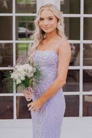 Lilac Mermaid Square Neck Lace Sleeveless Party Dresses