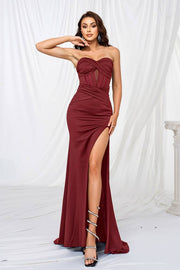 Burgundy Sweetheart Strapless Mermaid Satin Evening Dresses with Slit