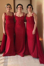 Red Sleeveless Mermaid Satin Bridesmaid Dresses with Train