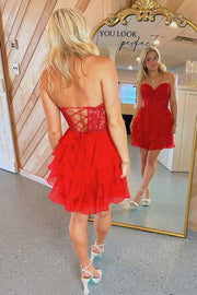 Red Strapless V-Neck Short A-Line Chiffon Homecoming Dresses with Beads