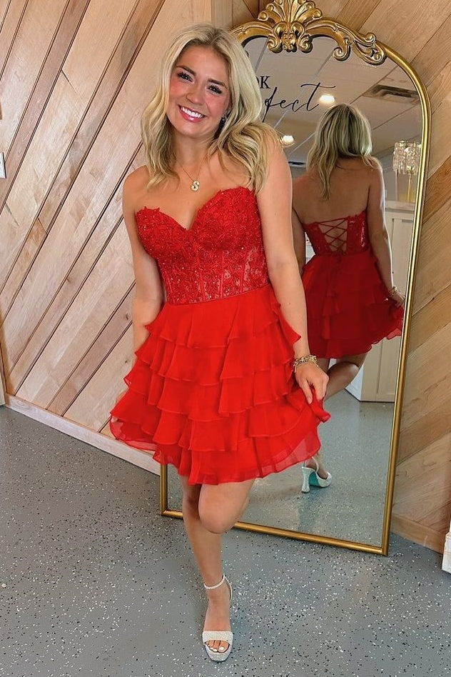 Strapless V-Neck Short A-Line Chiffon Red Homecoming Dresses with Beads