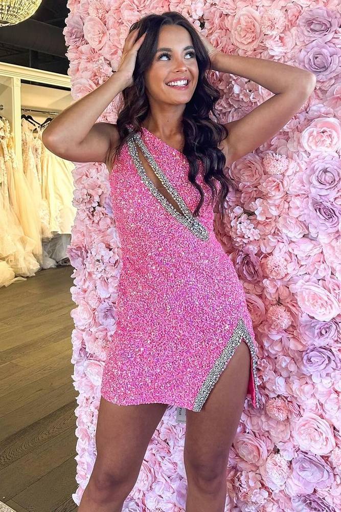 Luxurious Sequined Candy Pink One-Shoulder Sheath Short Homecoming Dresses