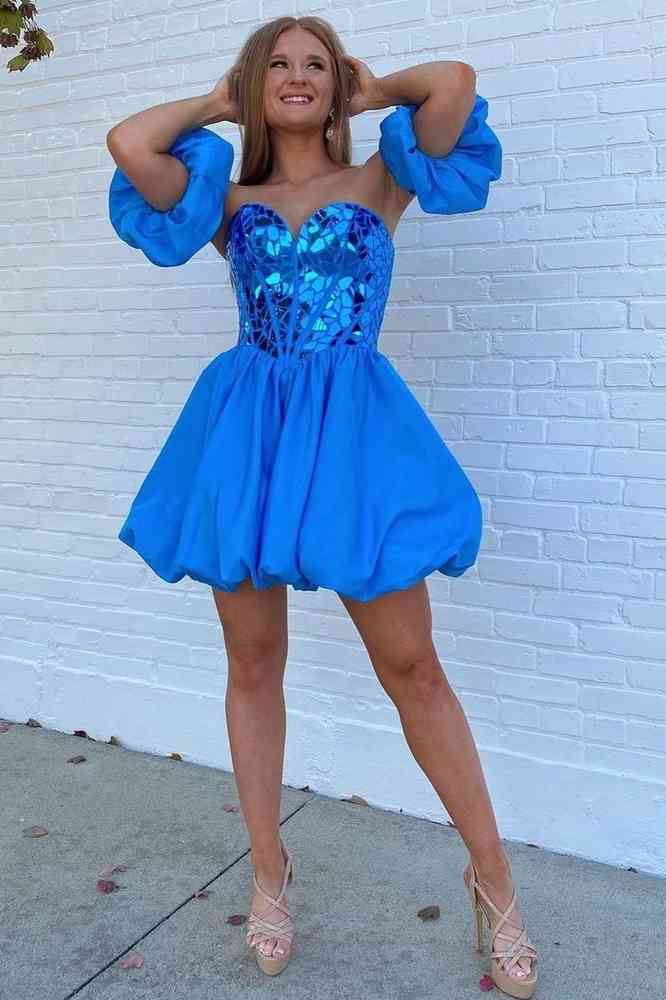 Luxurious Sequined Strapless A-Line Short A-Line Homecoming Dresses with Detachable Sleeves