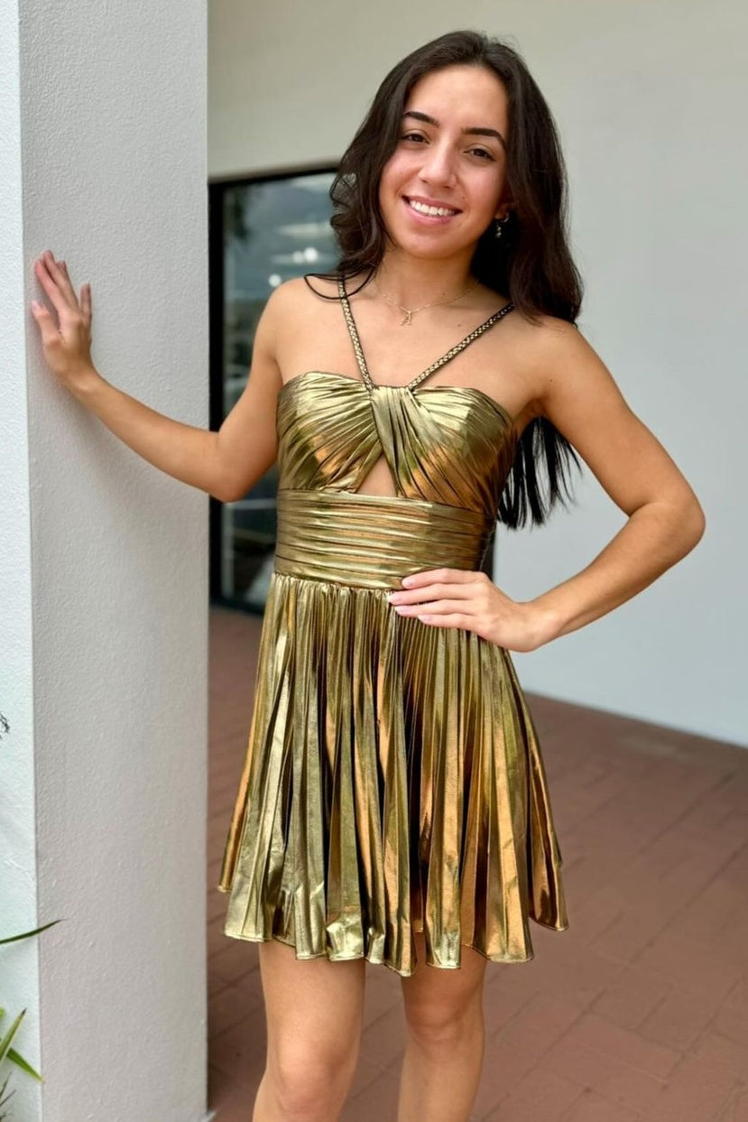 Sexy Gold A-Line Metallic Short Homecoming Dresses with Ruffles