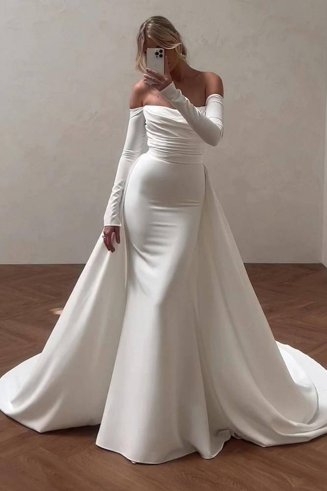 White Long Sleeves Off-The-Shoulder Mermaid Long Satin Wedding Dresses