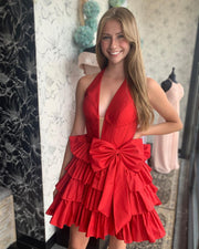 Red V-Neck Sleeveless A-Line Short Homecoming Dresses with Ruffles