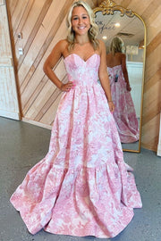 Pink Flower Print Strapless Sweetheart A-Line Long Prom Dresses