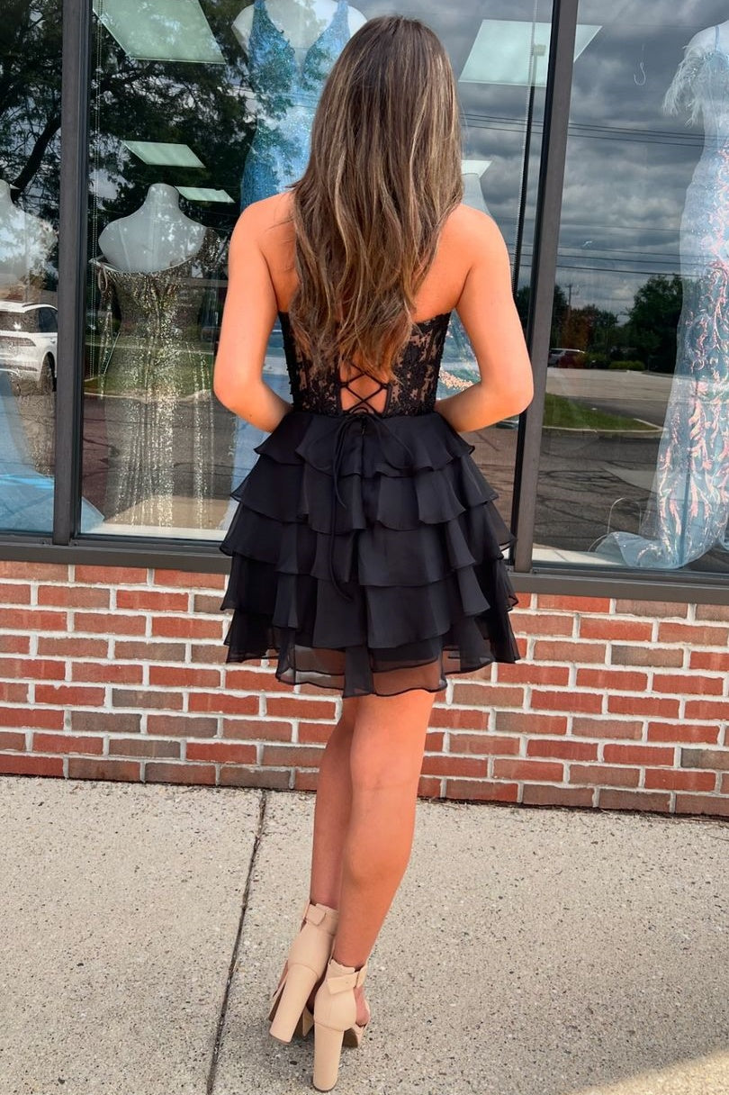 Black Strapless V-Neck Short A-Line Chiffon Homecoming Dresses with Beads