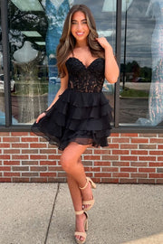 Black Strapless V-Neck Short A-Line Chiffon Homecoming Dresses with Beads