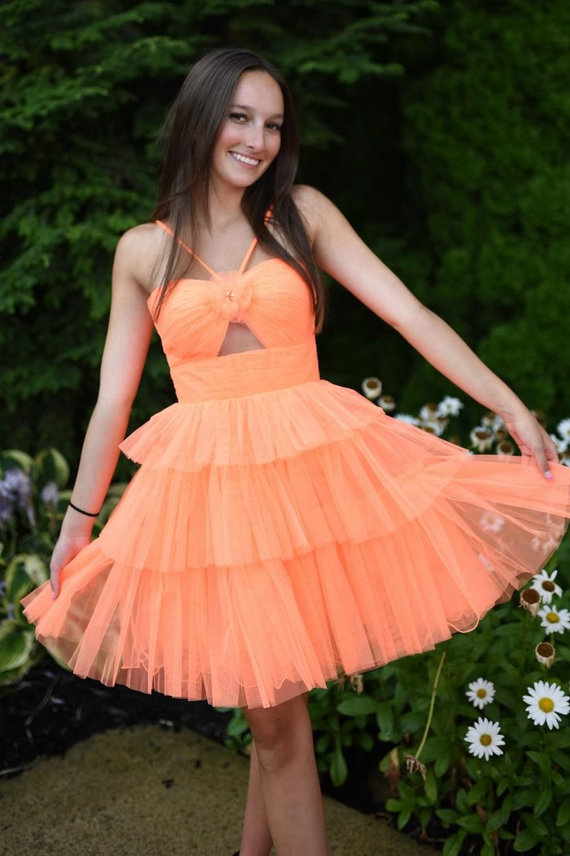 Orange Tiered Spaghetti Straps Sleeveless Short A-Line Tulle Homecoming Dresses