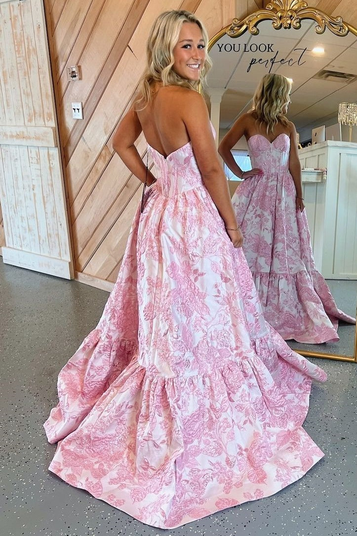 Pink Flower Print Strapless Sweetheart A-Line Long Prom Dresses