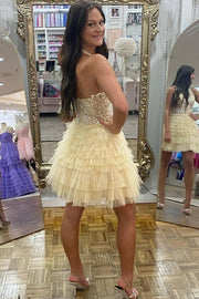 Beautiful Champagne Sequined V-Neck A-Line Tulle Short Homecoming Dresses