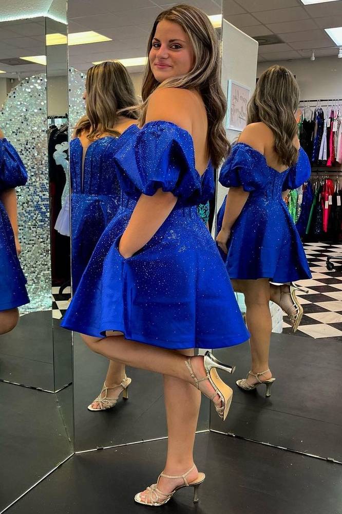 Royal Blue Sparkly Strapless A-Line Short Homecoming Dresses with Detachable Sleeves