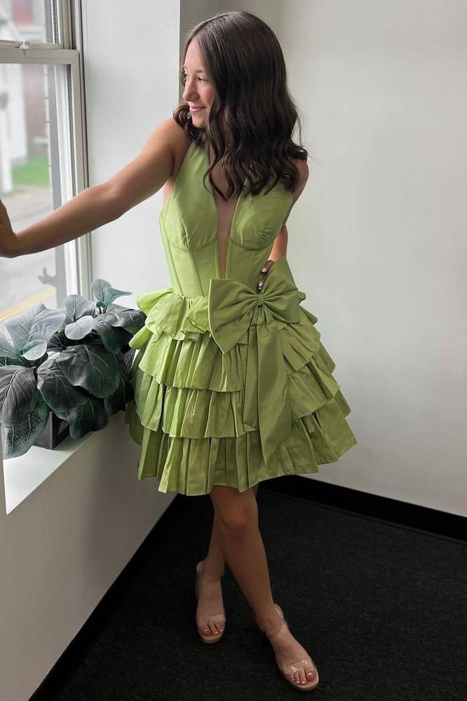 Sage V-Neck Sleeveless A-Line Short Homecoming Dresses with Ruffles