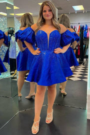 Royal Blue Sparkly Strapless A-Line Short Homecoming Dresses with Detachable Sleeves