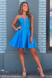 Sweetheart Strapless Short A-Line Satin Party Dresses with Detachable Sleeves