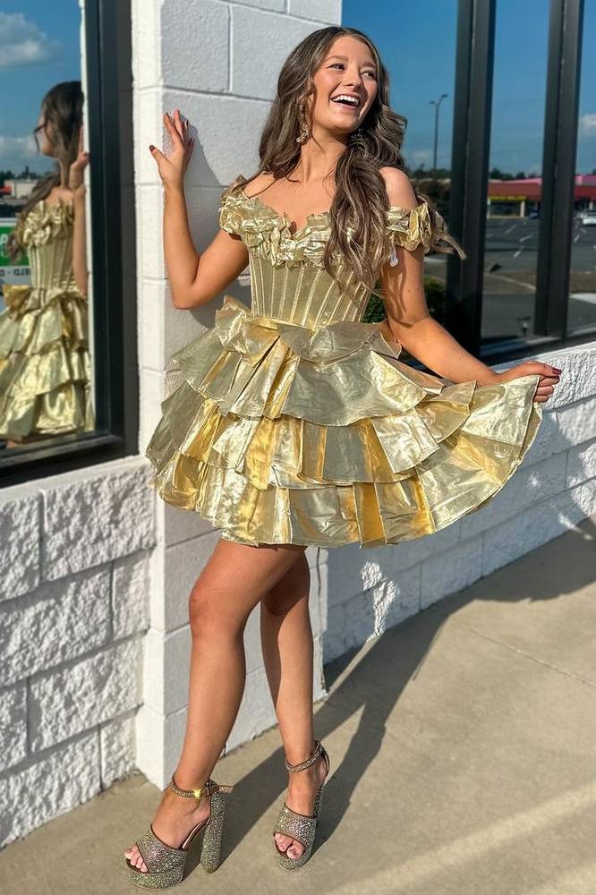 Deluxe V-Neck Off-The-Shoulder Gold Short A-Line Homecoming Dresses with Ruffles