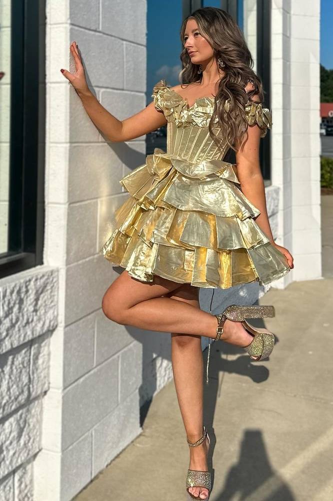 Deluxe V-Neck Off-The-Shoulder Gold Short A-Line Homecoming Dresses with Ruffles