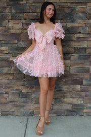 Pink Bow Sweetheart Short Sleeves A-Line Short Homecoming Dresses with Appliques