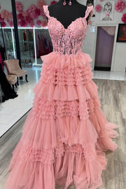 Pink Tiered Long A-Line Tulle Prom Dresses Sleeveless with Appliques